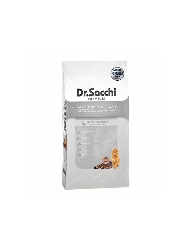 Dr. Sacchi Premium Düşük Tahıllı Somonlu ve Ton Balıklı 10 kg Kısırlaştırılmış Yetişkin Kedi Maması