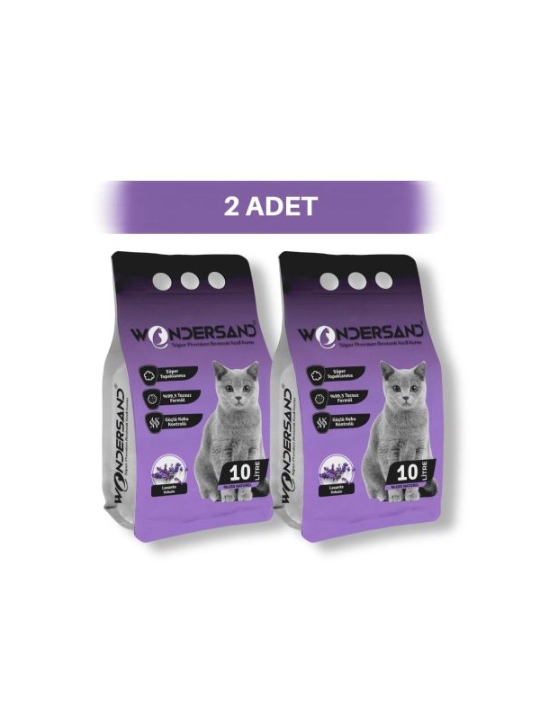 WonderSand Lavanta Kokulu İnce Taneli Topaklanan Beyaz Bentonit Kedi Kumu 2 x 10 lt
