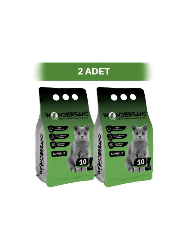 WonderSand Kokusuz Naturel İnce Taneli Topaklanan Beyaz Bentonit Kedi Kumu 2 x 10 lt