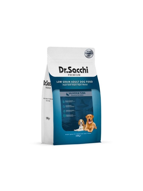 Dr.Sacchi Premium Düşük Tahıllı Somonlu ve Ton Balıklı Yetişkin Köpek Maması 1,5 Kg