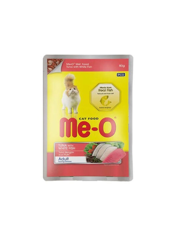 Me-O Pouch Ton ve Beyaz Balıklı Çubuklu Jöleli Yaş Kedi Maması 80 Gr