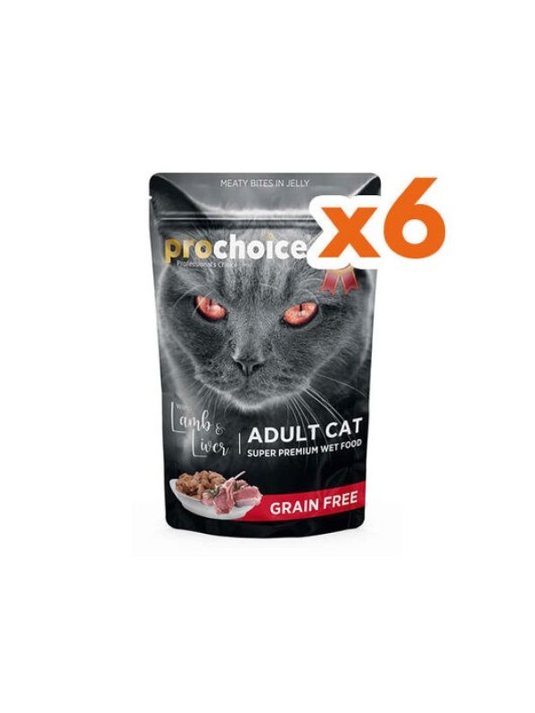 Pro Choice Pouch Jöle İçinde Kuzulu ve Ciğerli Tahılsız Yaş Kedi Maması 85 Gr x 6 Adet