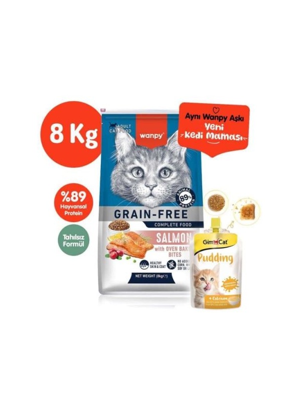 Wanpy with Oven Baked Bites Tahılsız Somonlu Yetişkin Kedi Kuru Maması 8 Kg + Gimcat Kedi Pudingi 150 Gr
