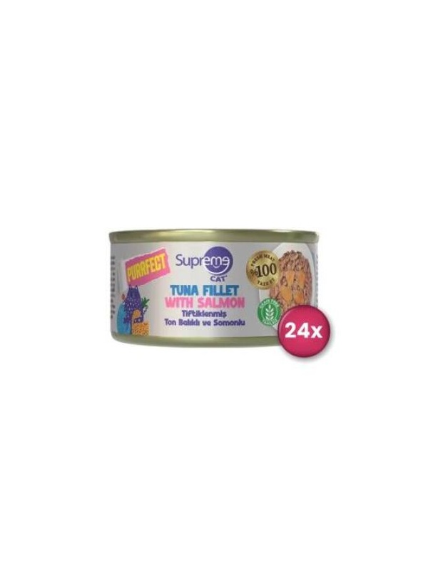 Supreme Cat Purrfect Tiftiklenmiş Ton Balıklı ve Somonlu Yetişkin Kedi Konservesi 70 gr X 24 Adet