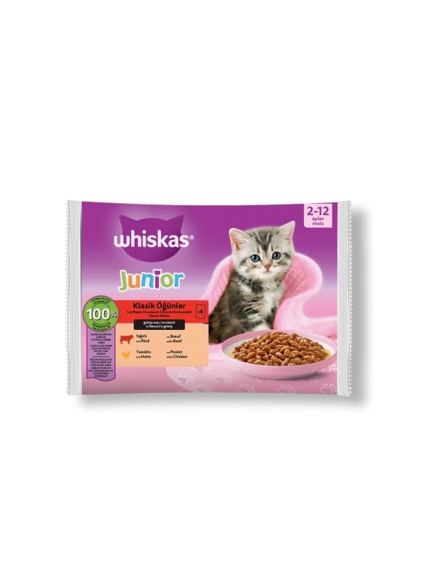 Whiskas Junior Klasik Öğünler Sığırlı ve Tavuklu Pouch Yavru Kedi Yaş Maması 4 x 85 gr