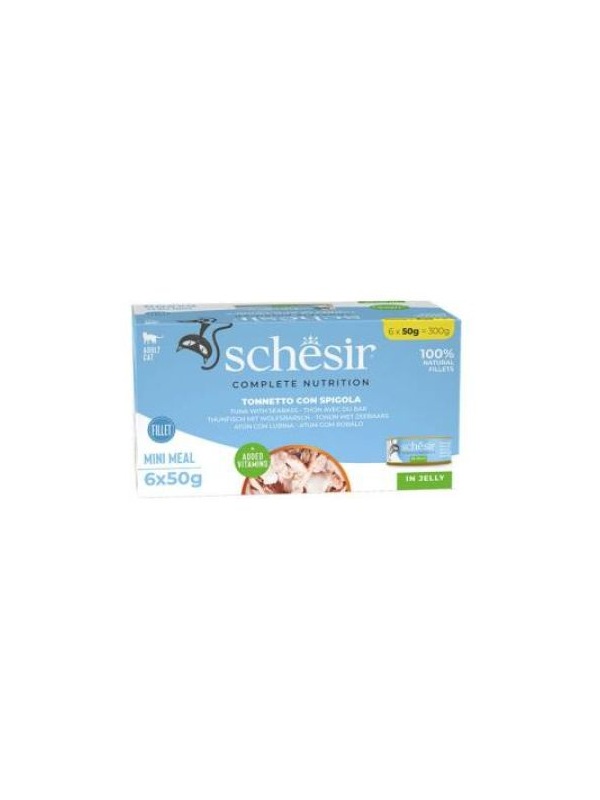 Schesir Tam ve Dengeli Ton Balığı ile Levrekli Jöle İçinde Kedi Konservesi Multipack 6x50 gr