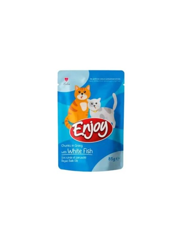 Enjoy Pouch Sos İçinde Et Parçacıklı Beyaz Balıklı Yetişkin Kedi Konservesi 85 Gr