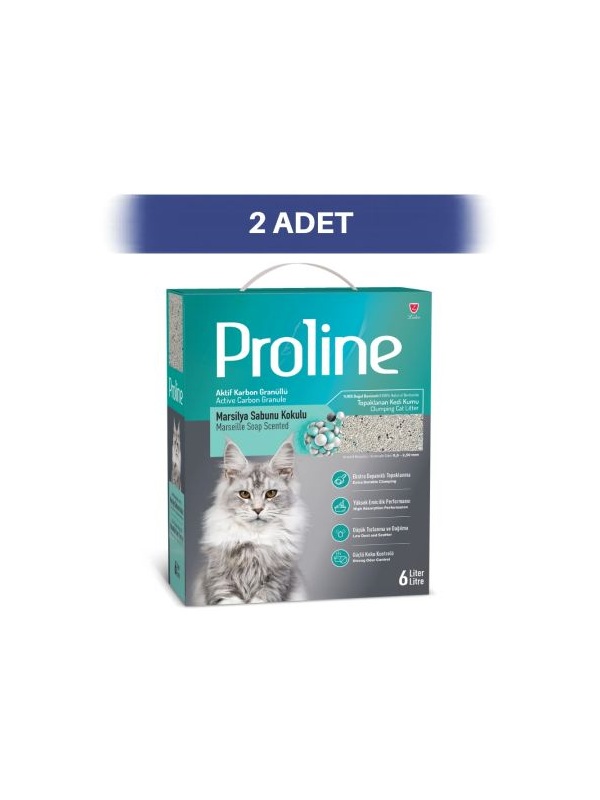 Proline Aktif Karbonlu Marsilya Sabunu Kokulu Granüllü Bentonit Kedi Kumu 2 x 6 lt