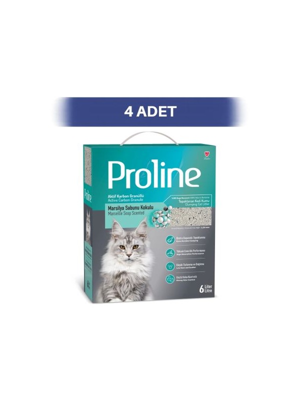 Proline Aktif Karbonlu Marsilya Sabunu Kokulu Granüllü Bentonit Kedi Kumu 4 x 6 lt