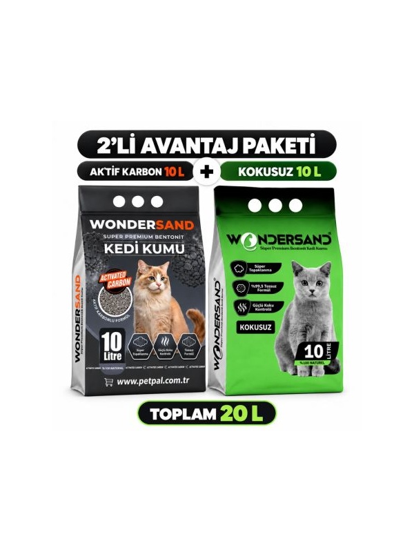 WonderSand Avantaj Paketi Aktif Karbonlu 10 Lt + Kokusuz 10 Lt İnce Taneli Bentonit Kedi Kumu