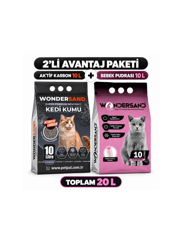 WonderSand Avantaj Paketi Aktif Karbonlu 10 Lt + Bebek Pudrası Kokulu 10 Lt İnce Taneli Bentonit Kedi Kumu