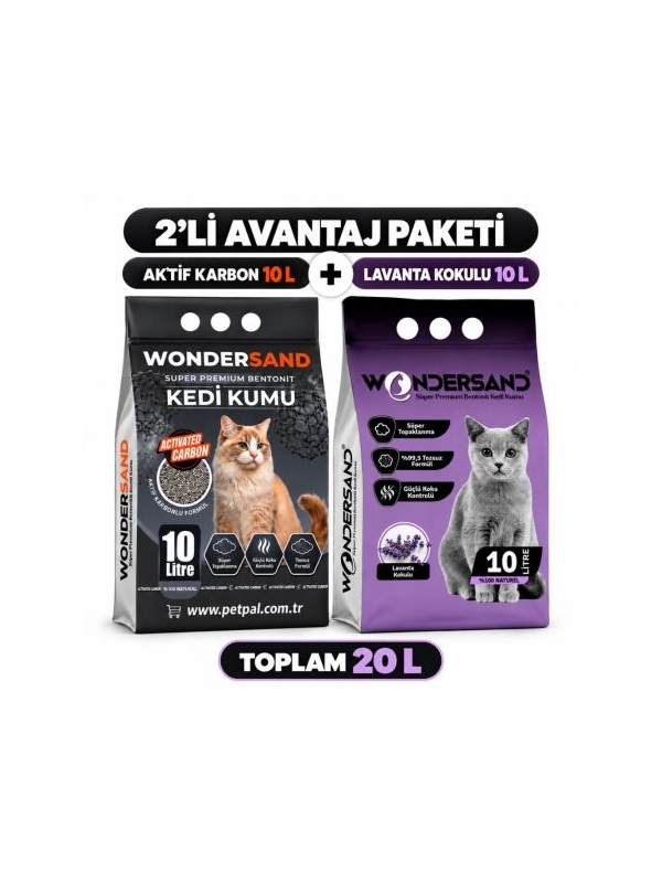 WonderSand Avantaj Paketi Aktif Karbonlu 10 Lt + Lavanta Kokulu 10 Lt İnce Taneli Bentonit Kedi Kumu