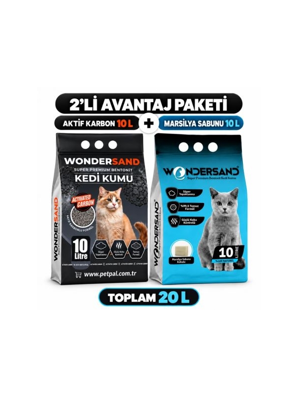 WonderSand Avantaj Paketi Aktif Karbonlu 10 Lt + Marsilya Sabunu Kokulu 10 Lt İnce Taneli Bentonit Kedi Kumu