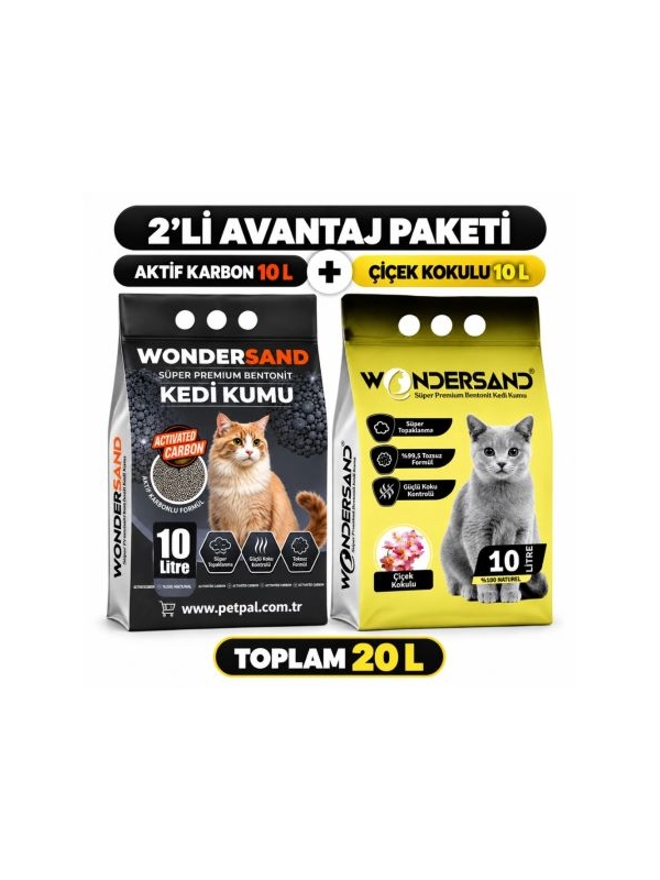 WonderSand Avantaj Paketi Aktif Karbonlu 10 Lt + Çiçek Kokulu 10 Lt İnce Taneli Bentonit Kedi Kumu