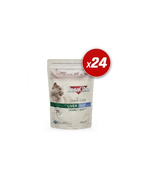 BonaCibo Soslu Ciğerli Pouch Yetişkin Kedi Yaş Maması - 24 Adet