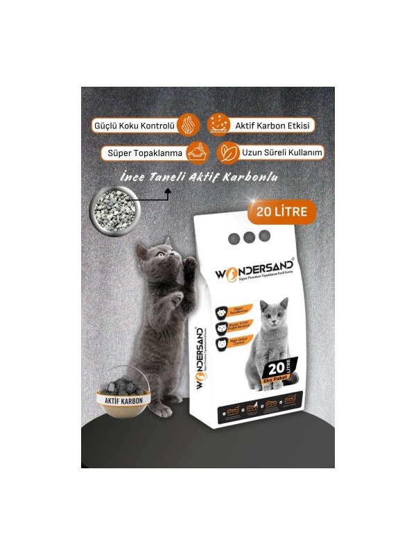 WonderSand Aktif Karbonlu Kokusuz İnce Taneli Süper Topaklanan Premium Kedi Kumu 20 lt
